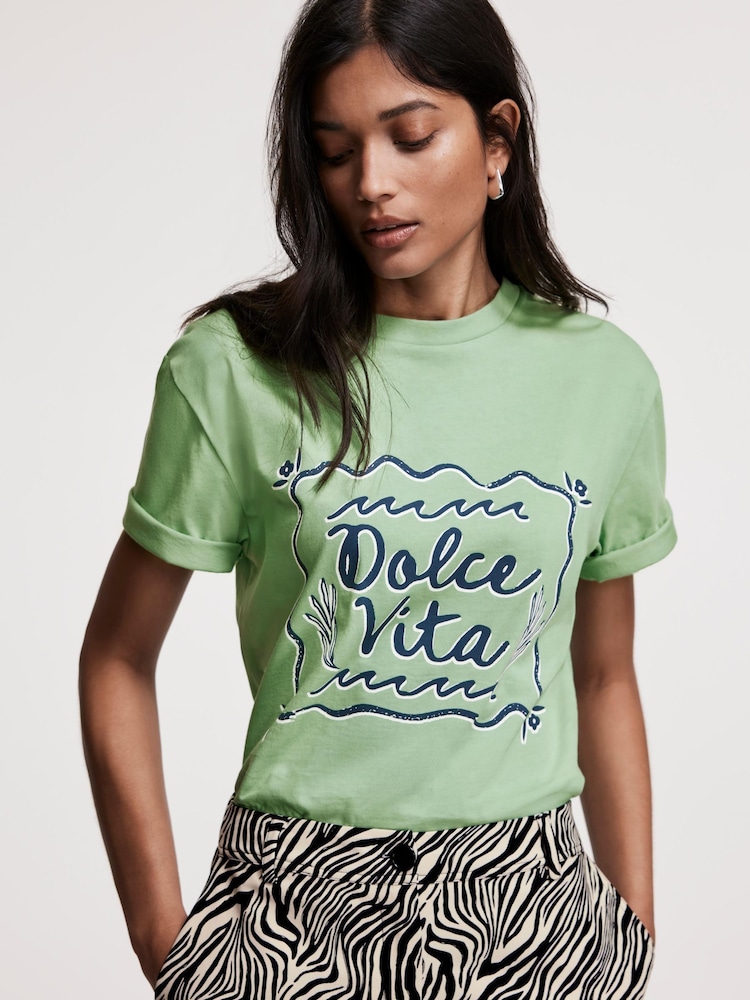 Mint Velvet Green La Dolce Vita Motif 100% Cotton T-Shirt - Image 1 of 7