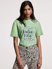 Mint Velvet Green La Dolce Vita Motif 100% Cotton T-Shirt - Image 2 of 7