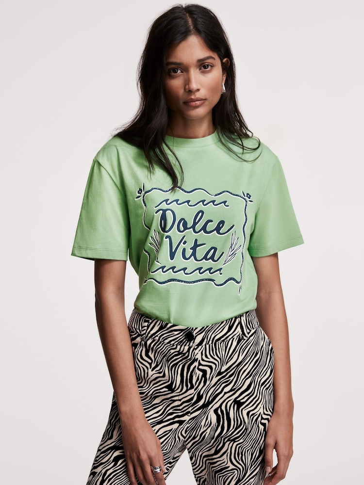 Mint Velvet Green La Dolce Vita Motif 100% Cotton T-Shirt - Image 2 of 7