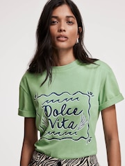 Mint Velvet Green La Dolce Vita Motif 100% Cotton T-Shirt - Image 4 of 7