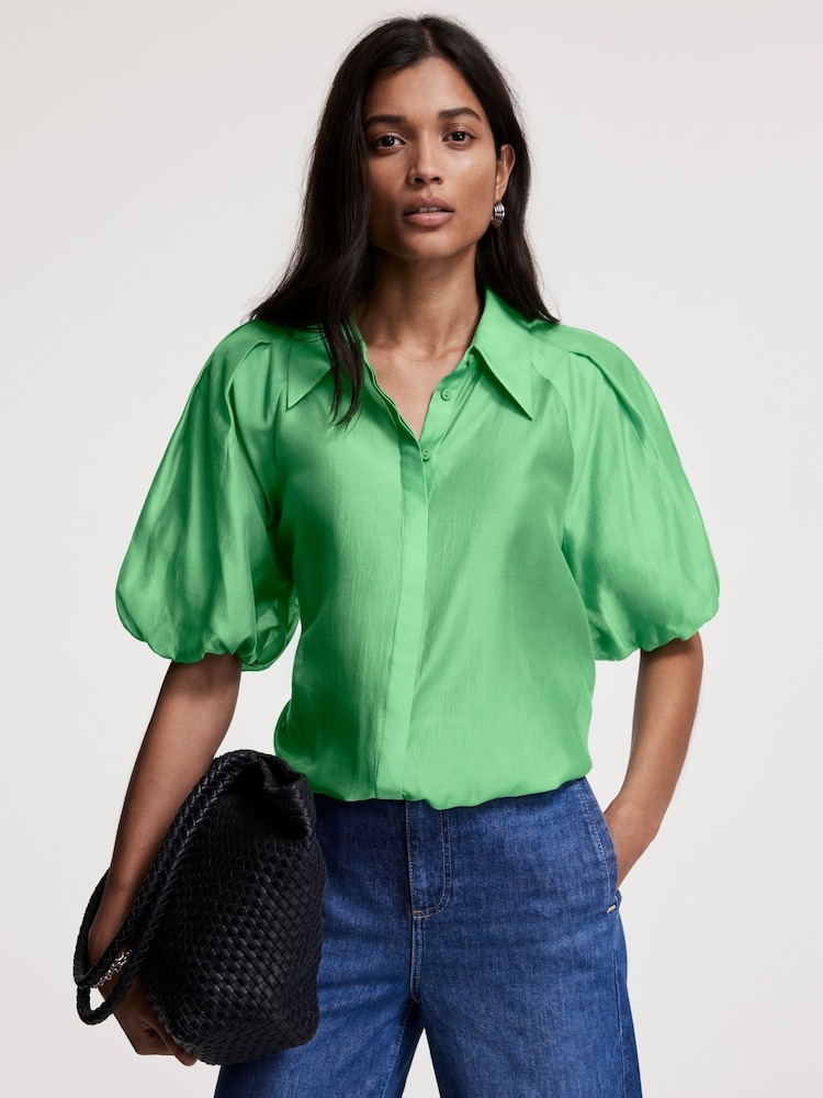 Mint Velvet Green Sheer Puff Sleeve Shirt - Image 2 of 8