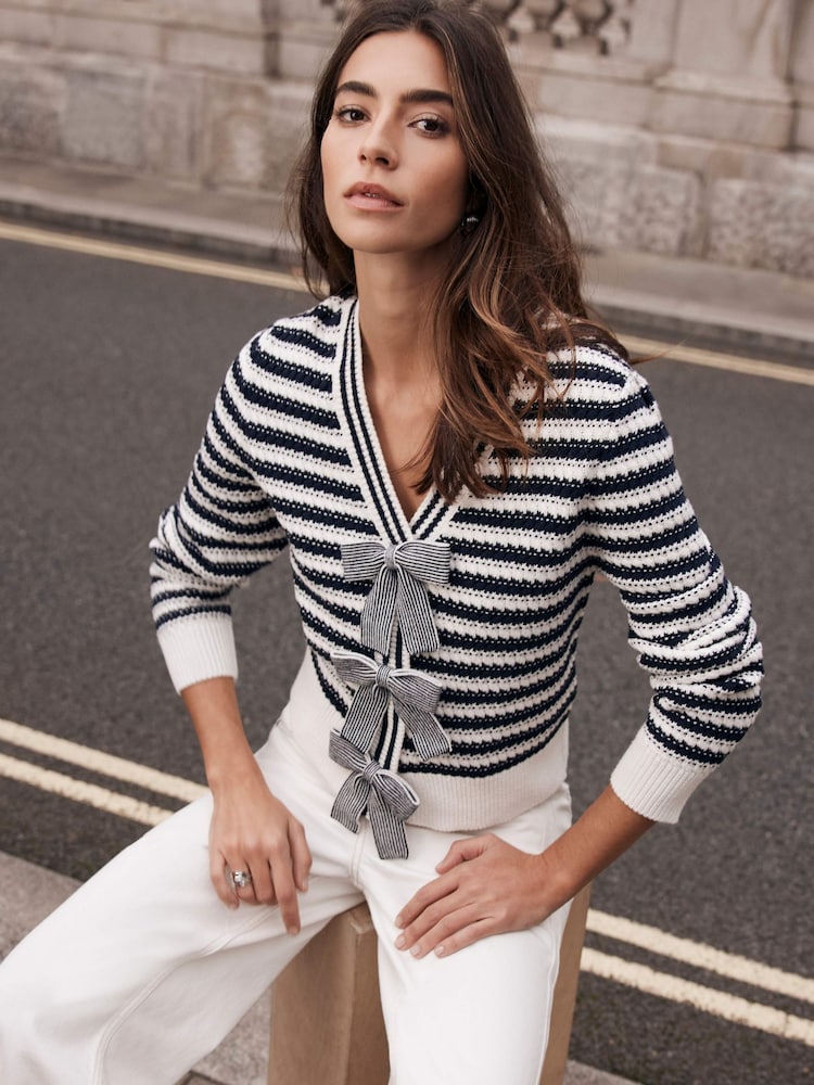 Mint Velvet Blue Striped Cotton Blend Bow Cardigan - Image 3 of 9