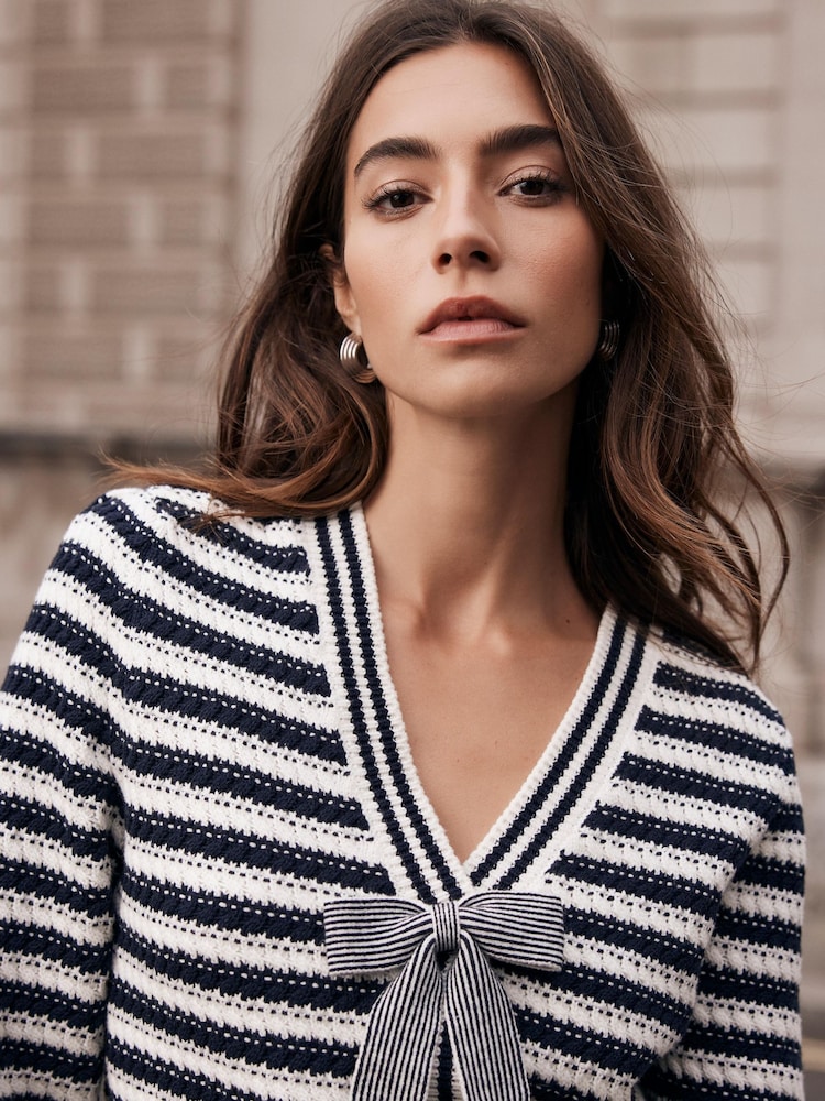 Mint Velvet Blue Striped Cotton Blend Bow Cardigan - Image 5 of 9
