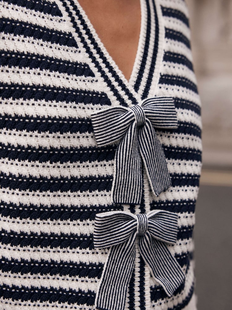 Mint Velvet Blue Striped Cotton Blend Bow Cardigan - Image 6 of 9
