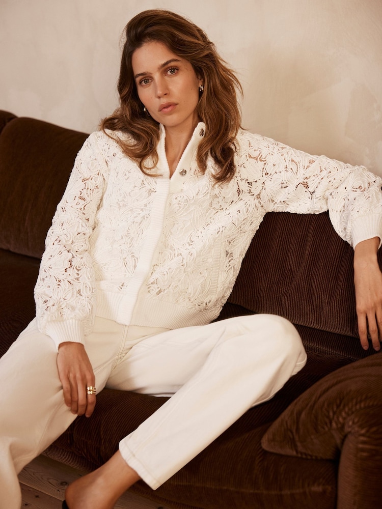 Mint Velvet White Lace Bomber Jacket - Image 1 of 8