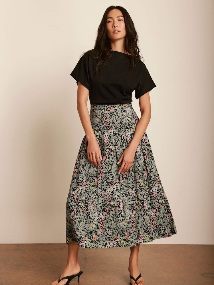 Mint Velvet Black Floral Print Midi Skirt - Image 1 of 8