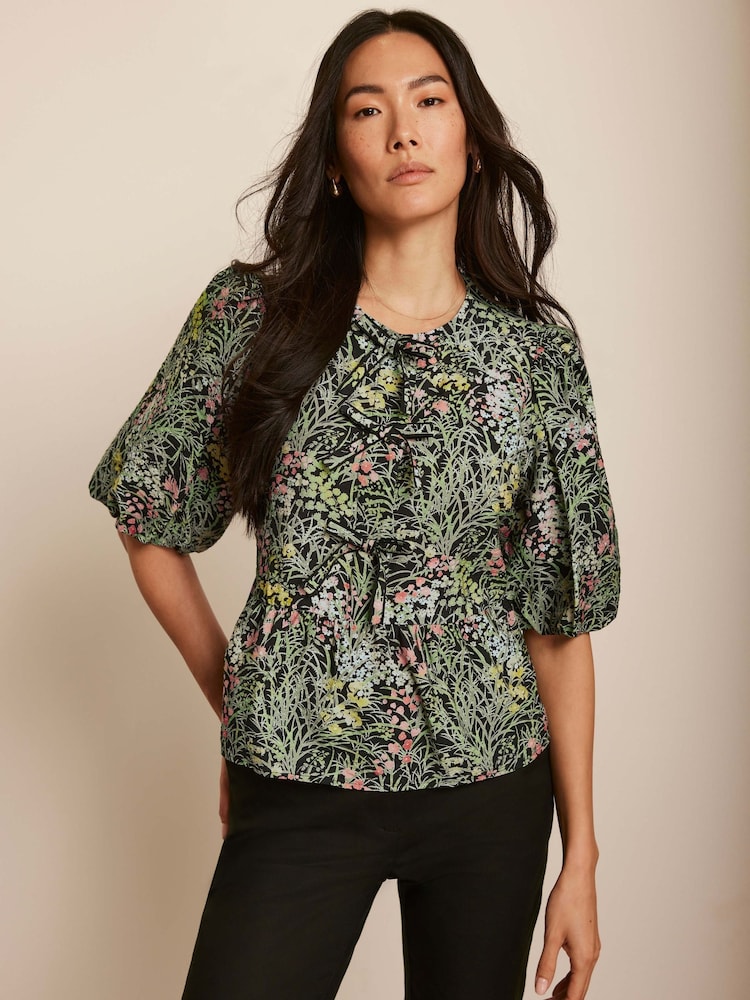Mint Velvet Black Floral Print Tie Top - Image 1 of 7
