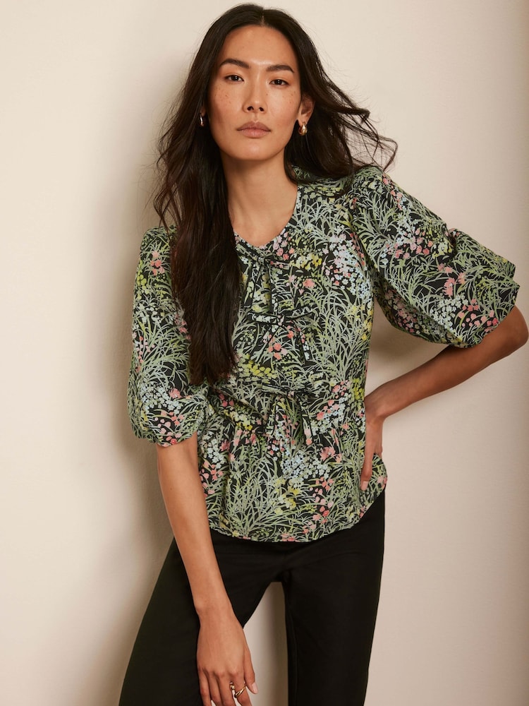 Mint Velvet Black Floral Print Tie Top - Image 2 of 7 Mint Velvet Black Floral Print Tie Top - Image 2 of 7