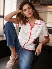 Mint Velvet White Contrast Trim 100% Cotton White Polo Top - Image 1 of 8