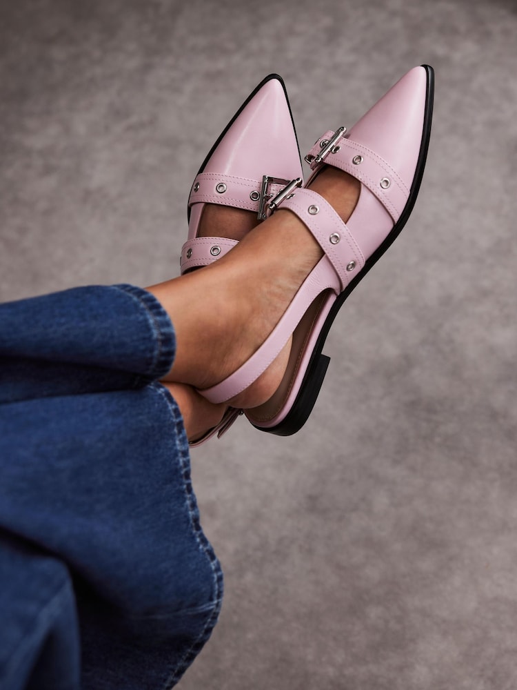 Mint Velvet Pink Leather Buckled Flat Shoes - Image 2 of 6