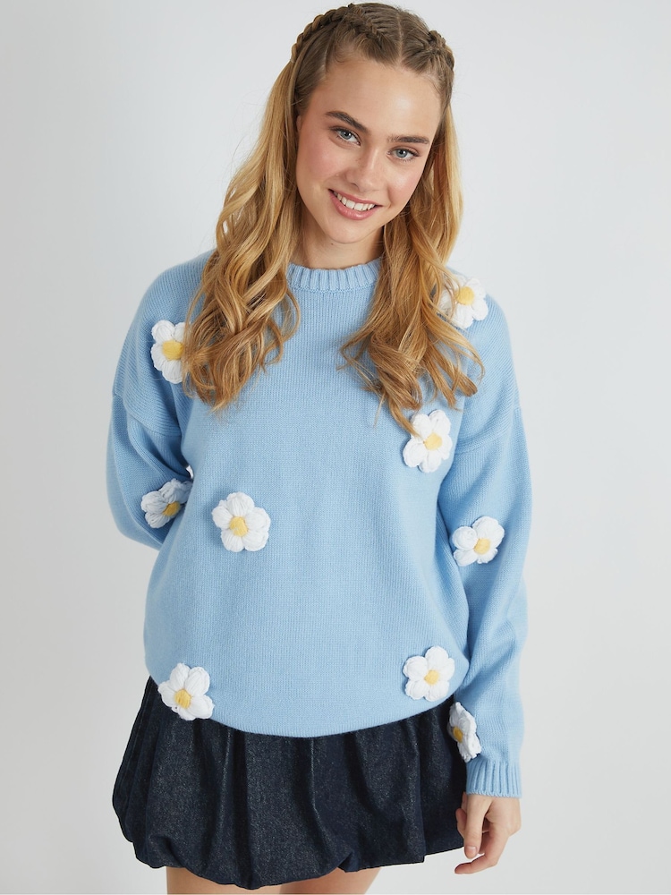 Skinnydip Blue 3D Flowers Knitted Jumper - Image 1 of 8 Skinnydip Blue 3D Flowers Knitted Jumper - Image 1 of 8