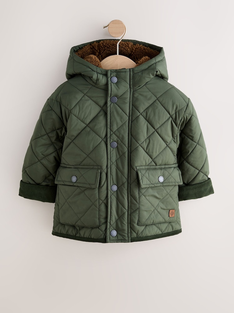 Khaki Green Borg Lined Quilted Coat (3mths-7yrs) - Image 1 of 6