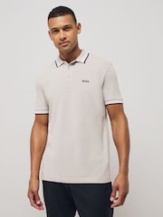 Серый - BOSS Regular Fit Paddy Tipped Collar 100% Cotton Polo Shirt - Image 1 of 1