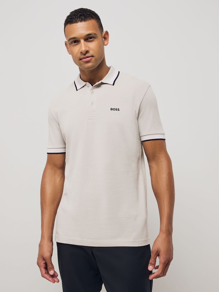 Серый - BOSS Regular Fit Paddy Tipped Collar 100% Cotton Polo Shirt - Image 1 of 1