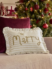 Ivory 30 x 40cm Christmas Embroidered Merry Stripe Cushion - Image 1 of 5
