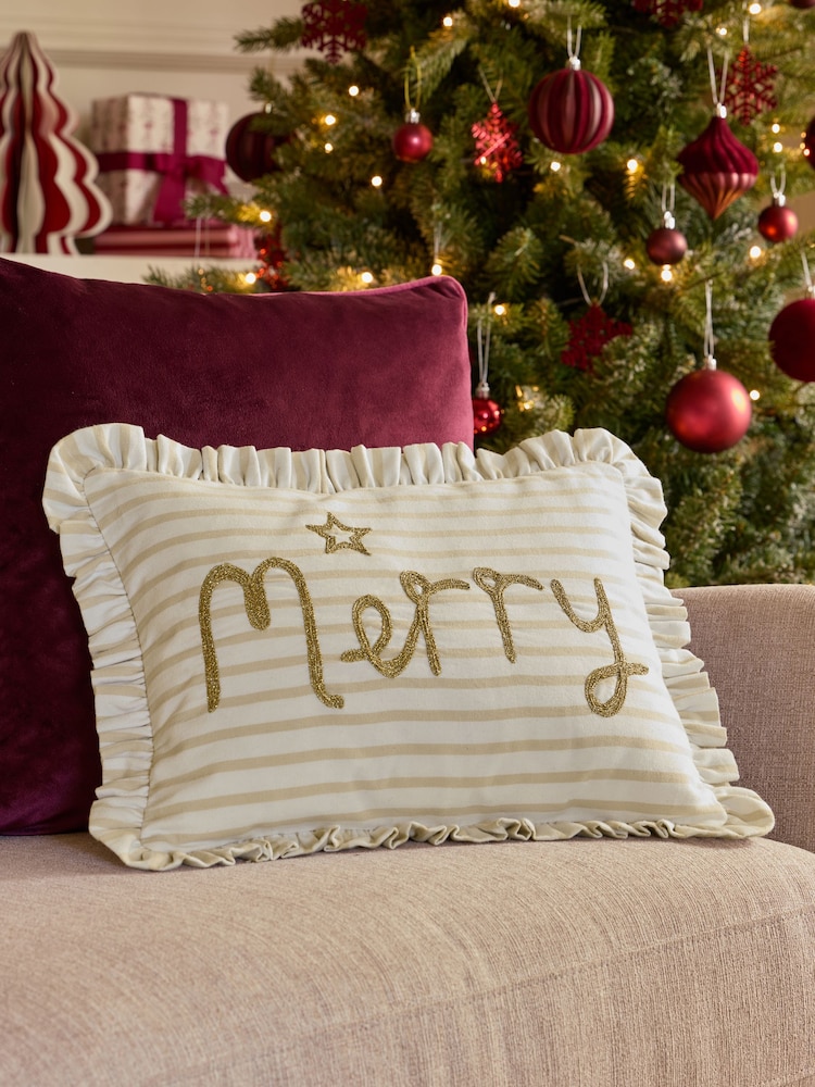 Ivory 30 x 40cm Christmas Embroidered Merry Stripe Cushion - Image 1 of 5