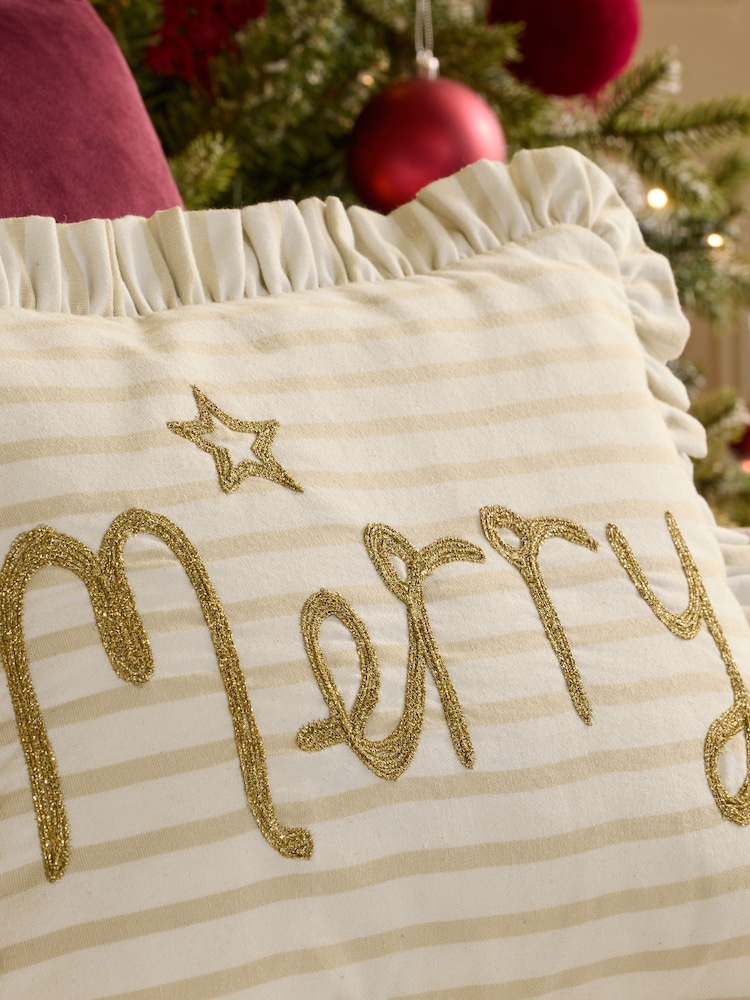 Ivory 30 x 40cm Christmas Embroidered Merry Stripe Cushion - Image 2 of 5