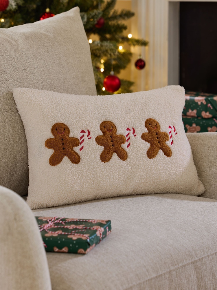 Natural 50 x 30cm Christmas Embroidered Gingerbread Man Cushion - Image 1 of 4