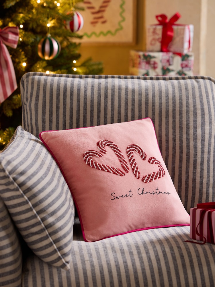 Pink 35 x 35cm Christmas Beaded Candycane Cushion - Image 1 of 5