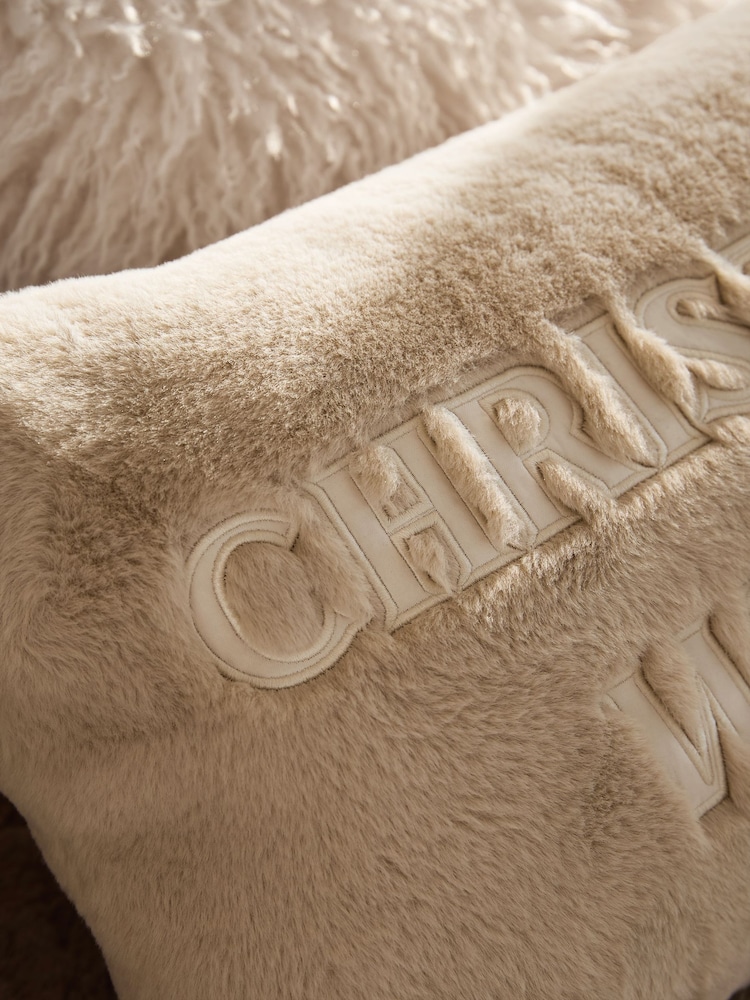 Natural 50 x 30cm Christmas Wishes Faux Fur Cushion - Image 2 of 4 Natural 50 x 30cm Christmas Wishes Faux Fur Cushion - Image 2 of 4