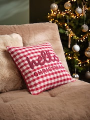 Red 43 x 43cm Embroidered Hello Christmas Gingham Cushion - Image 1 of 5