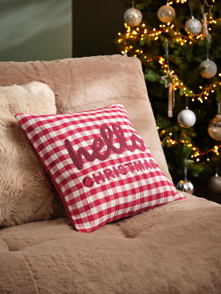 Red 43 x 43cm Embroidered Hello Christmas Gingham Cushion - Image 1 of 5