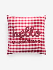 Red 43 x 43cm Embroidered Hello Christmas Gingham Cushion - Image 3 of 5