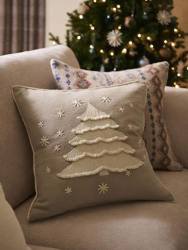 Natural 50 x 50cm Embroidered Christmas Tree Cushion - Image 1 of 5 Natural 50 x 50cm Embroidered Christmas Tree Cushion - Image 1 of 5