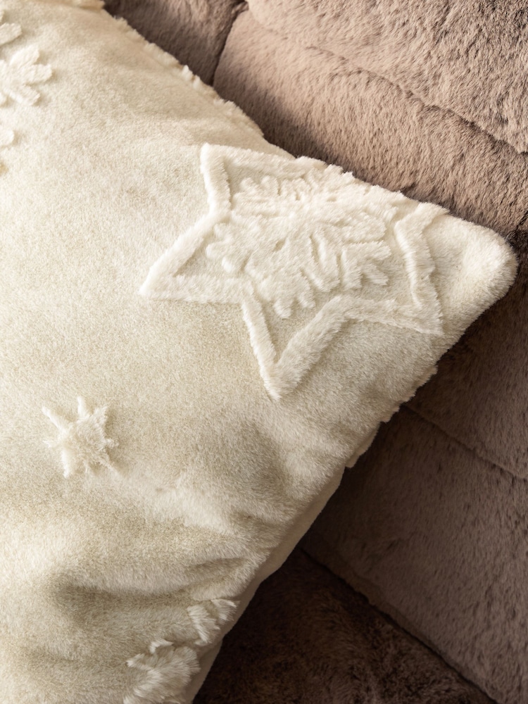 Natural 50 x 50cm Carved Faux Fur Snowflake Cushion - Image 2 of 4 Natural 50 x 50cm Carved Faux Fur Snowflake Cushion - Image 2 of 4