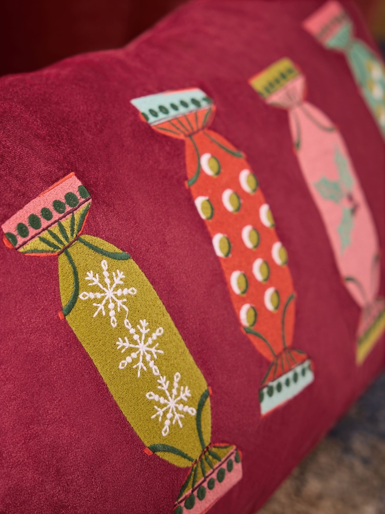 Burgundy Red 40 x 59cm Embroidered Christmas Cracker Cushion - Image 2 of 5 Burgundy Red 40 x 59cm Embroidered Christmas Cracker Cushion - Image 2 of 5
