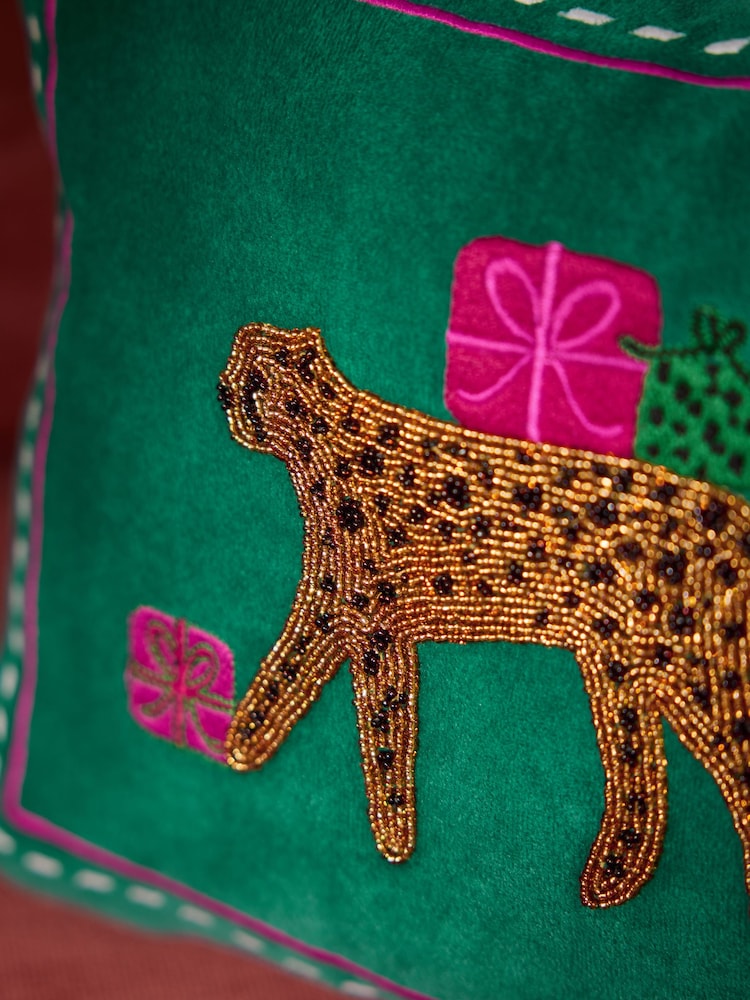 Emerald Green 30 x 40cm Beaded Leopard Print Christmas Cushion - Image 2 of 3