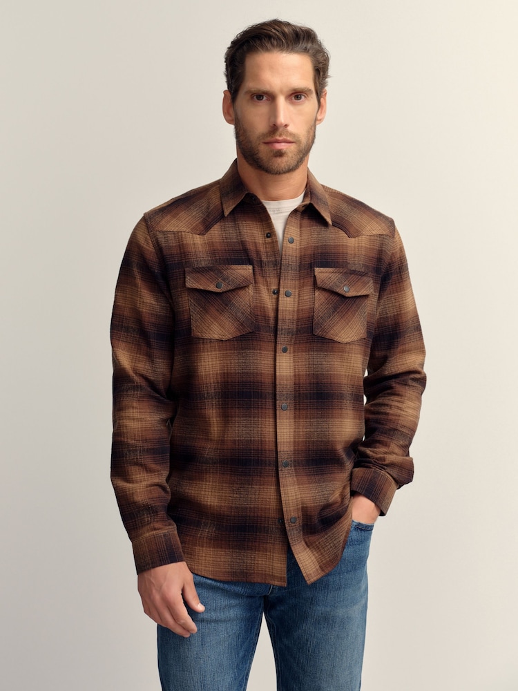 Brown Western Style Long Sleeve Check Shirt - Image 1 of 8 Brown Western Style Long Sleeve Check Shirt - Image 1 of 8