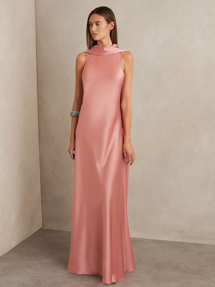 Reiss Pink Fae Satin Cape Maxi Dress - Image 4 of 5