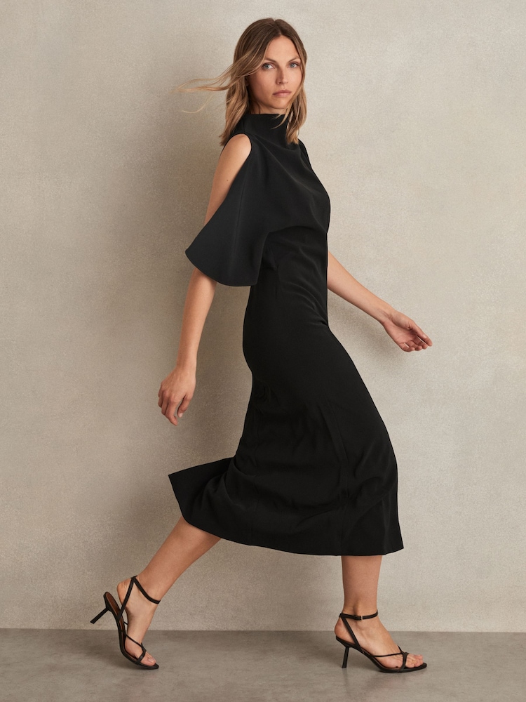 Reiss Black Petra Draped-Front High-Neck Midi Dress - Image 1 of 5