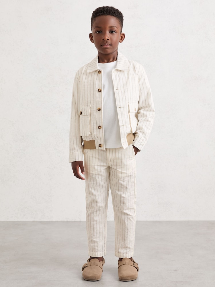 Reiss Off White/Taupe Brown Easton 9-13 yrs Cotton Pinstripe Harrington Jacket - Image 1 of 4 Reiss Off White/Taupe Brown Easton 9-13 yrs Cotton Pinstripe Harrington Jacket - Image 1 of 4
