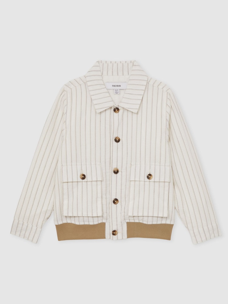 Reiss Off White/Taupe Brown Easton 9-13 yrs Cotton Pinstripe Harrington Jacket - Image 2 of 4 Reiss Off White/Taupe Brown Easton 9-13 yrs Cotton Pinstripe Harrington Jacket - Image 2 of 4