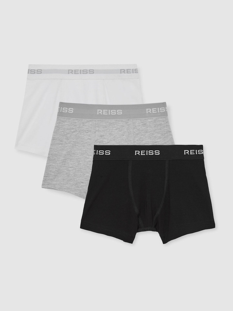 Reiss White/Grey/Black Heller 9-13 yrs Stretch-Cotton Logo-Waistband Boxers 3 Pack - Image 1 of 2