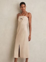 Reiss Stone Neutral Juni Double Strap Cut Out Midi Dress - Image 1 of 6