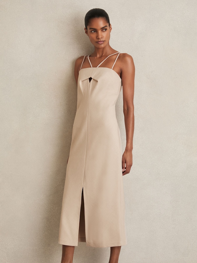 Reiss Stone Neutral Juni Double Strap Cut Out Midi Dress - Image 1 of 6