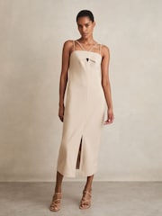 Reiss Stone Neutral Juni Double Strap Cut Out Midi Dress - Image 3 of 6