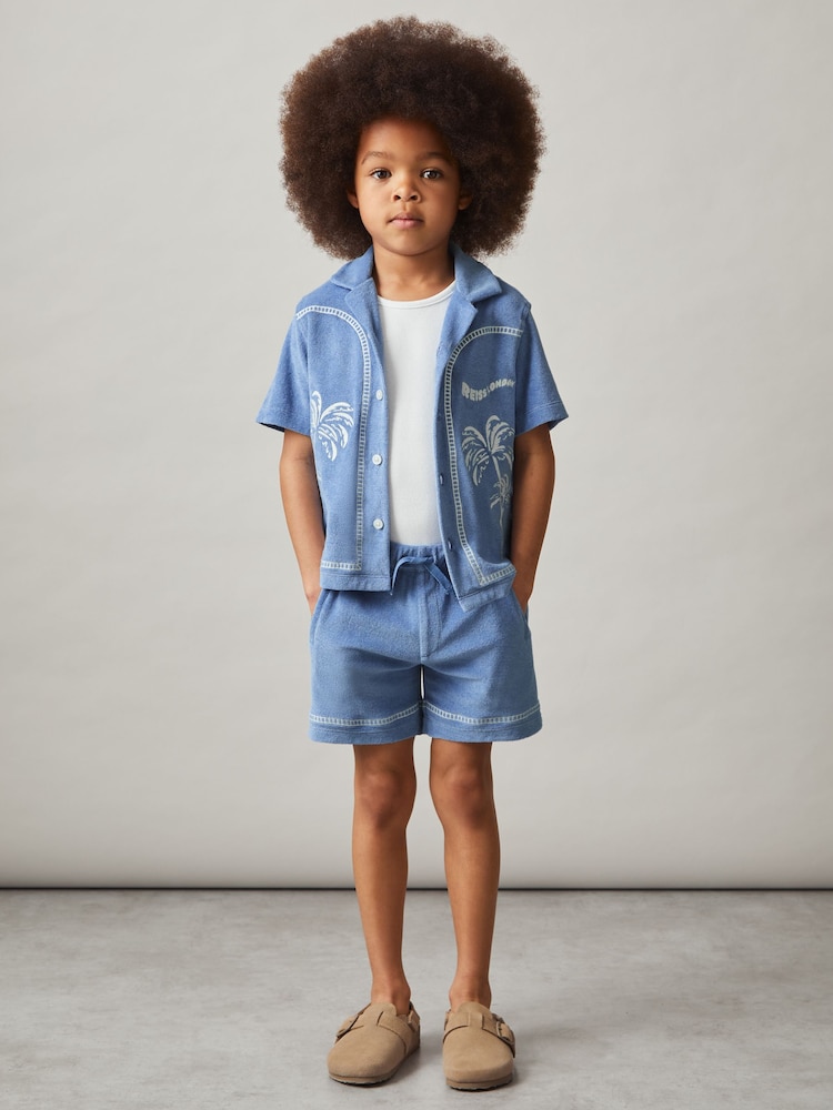 Reiss Airforce Blue Barnes 9-13 yrs Towelling Palm-Embroidered Shirt - Image 1 of 5 Reiss Airforce Blue Barnes 9-13 yrs Towelling Palm-Embroidered Shirt - Image 1 of 5