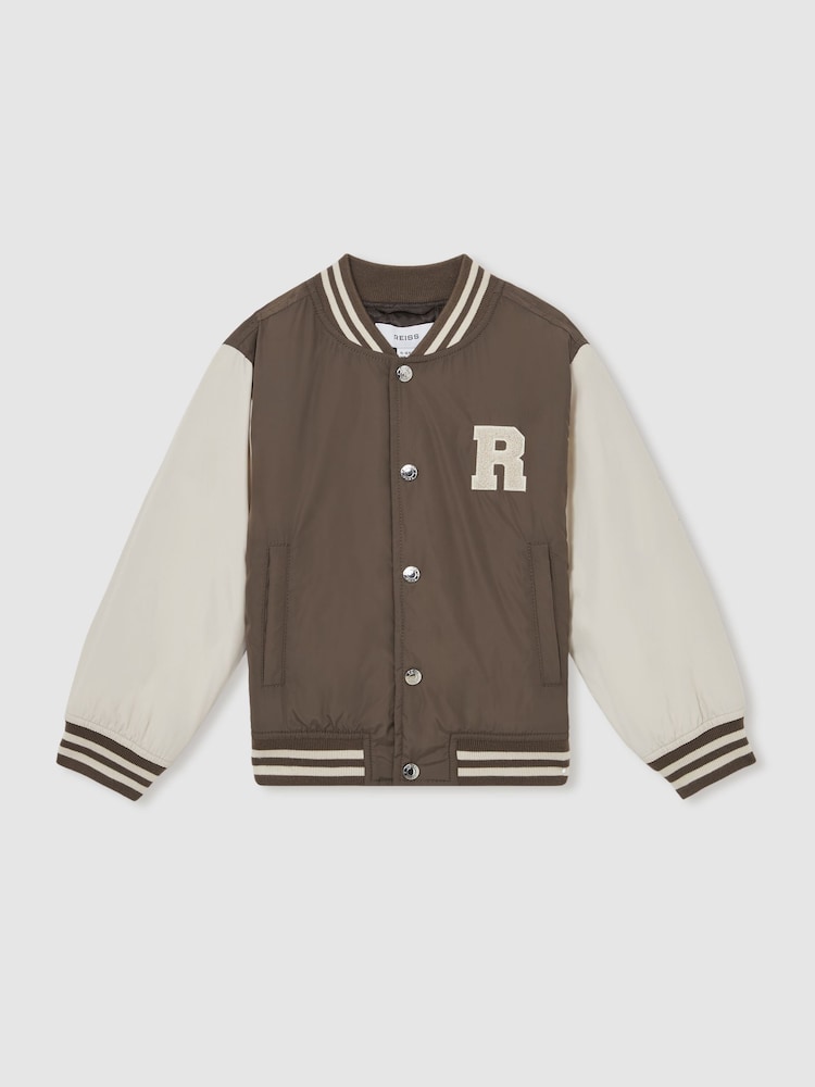 Reiss Mink Brown/Off White Arkan Colourblock Varsity Bomber Jacket - Image 1 of 3