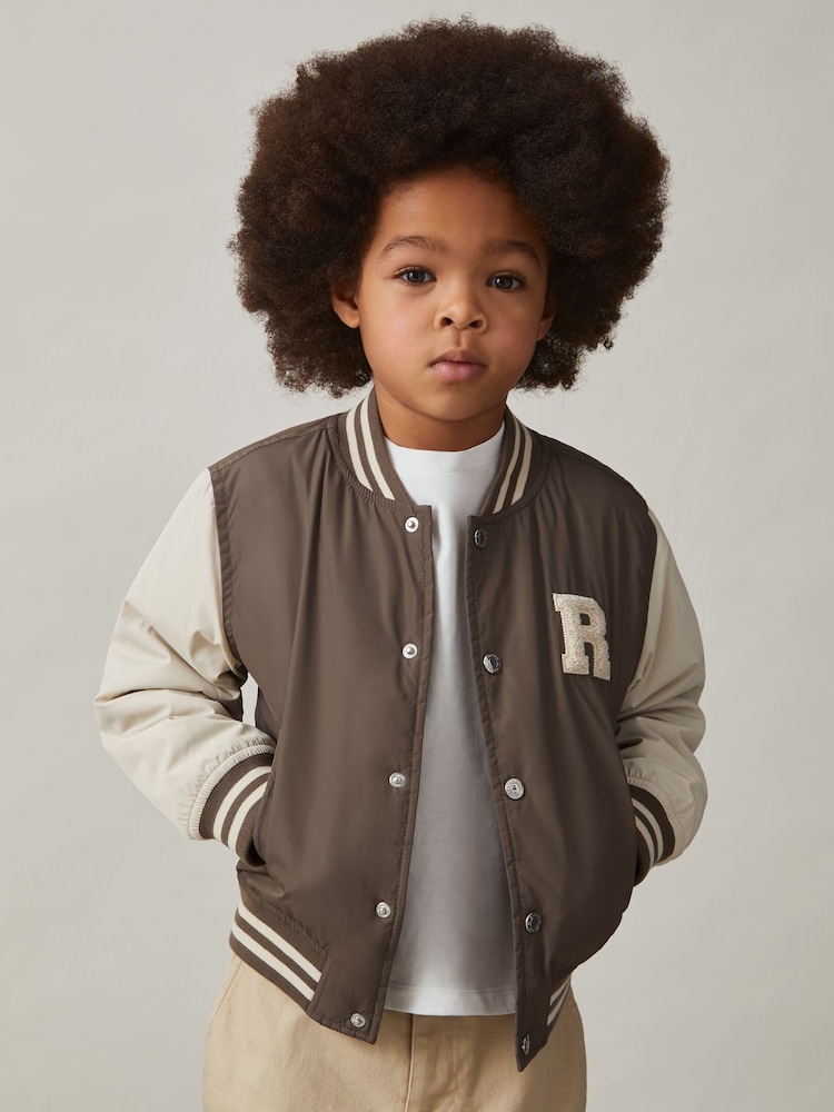 Reiss Mink Brown/Off White Arkan Colourblock Varsity Bomber Jacket - Image 2 of 3