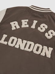 Reiss Mink Brown/Off White Arkan Colourblock Varsity Bomber Jacket - Image 3 of 3