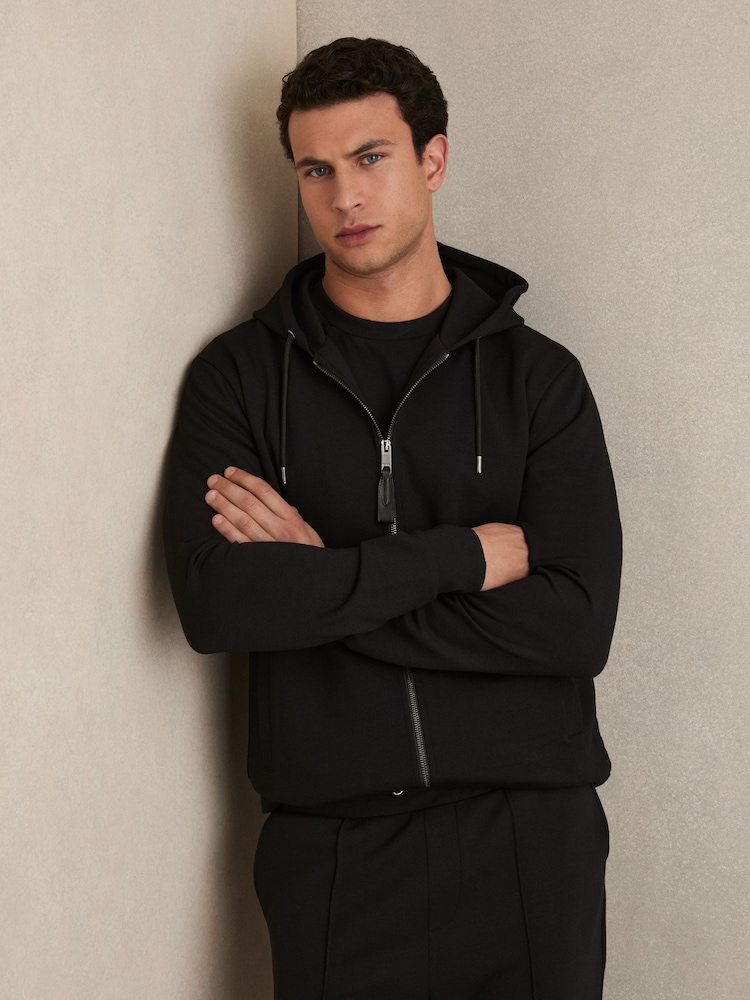 Reiss Black Malvern Interlock Zip-Through Hoodie - Image 1 of 6