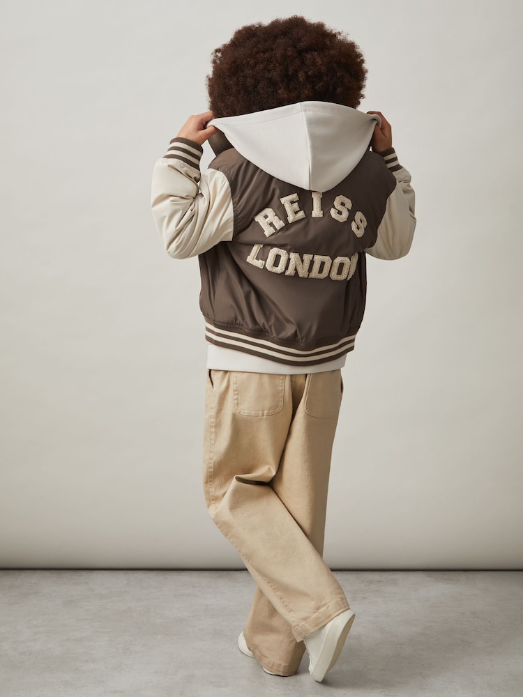 Reiss Mink Brown/Off White Arkan 9-13 yrs Colour-Block Varsity Bomber Jacket - Image 1 of 5 Reiss Mink Brown/Off White Arkan 9-13 yrs Colour-Block Varsity Bomber Jacket - Image 1 of 5