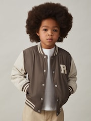 Reiss Mink Brown/Off White Arkan 9-13 yrs Colour-Block Varsity Bomber Jacket - Image 4 of 5