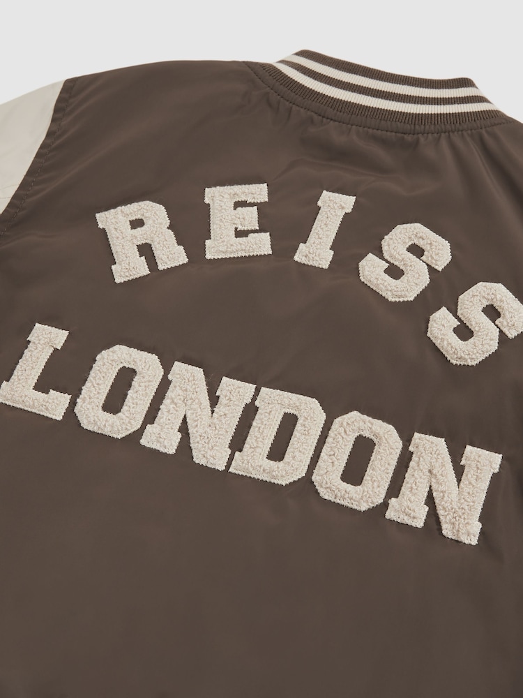 Reiss Mink Brown/Off White Arkan 9-13 yrs Colour-Block Varsity Bomber Jacket - Image 5 of 5
