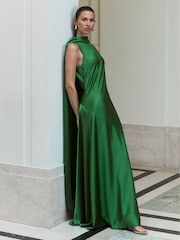 Reiss Green Fae Satin Cape Maxi Dress - Image 1 of 8