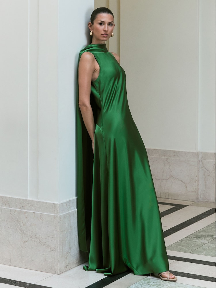 Reiss Green Fae Satin Cape Maxi Dress - Image 1 of 8